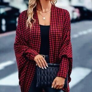 KASPER Buffalo Plaid Open Front Asymmetrical Checkered Cardigan Sweater Red XL